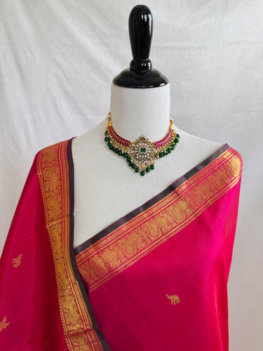 Kanchivaram Pure Silk Pure Zari Silk Saree | Pink | Contrast Blue Blouse | Gold Zari | Handwoven | Ships from California